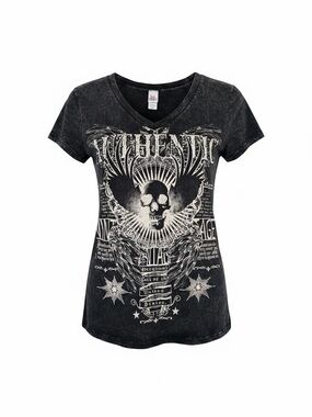 Women's Black Graphic V-Neck Tee with Skull and Wing Design